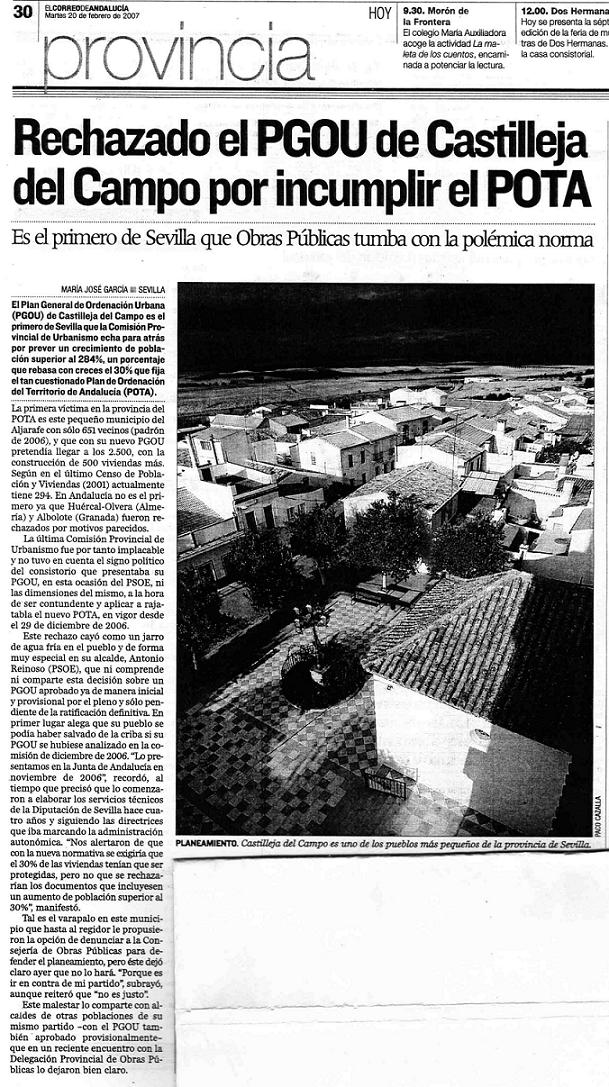 La aplicación del POTA comienza. El PGOU de Castilleja del Campo es rechazado